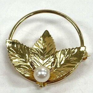 Carla; 14K Gold-Filled; Leaf Design Brooch/Pin W/ Pearl Accent